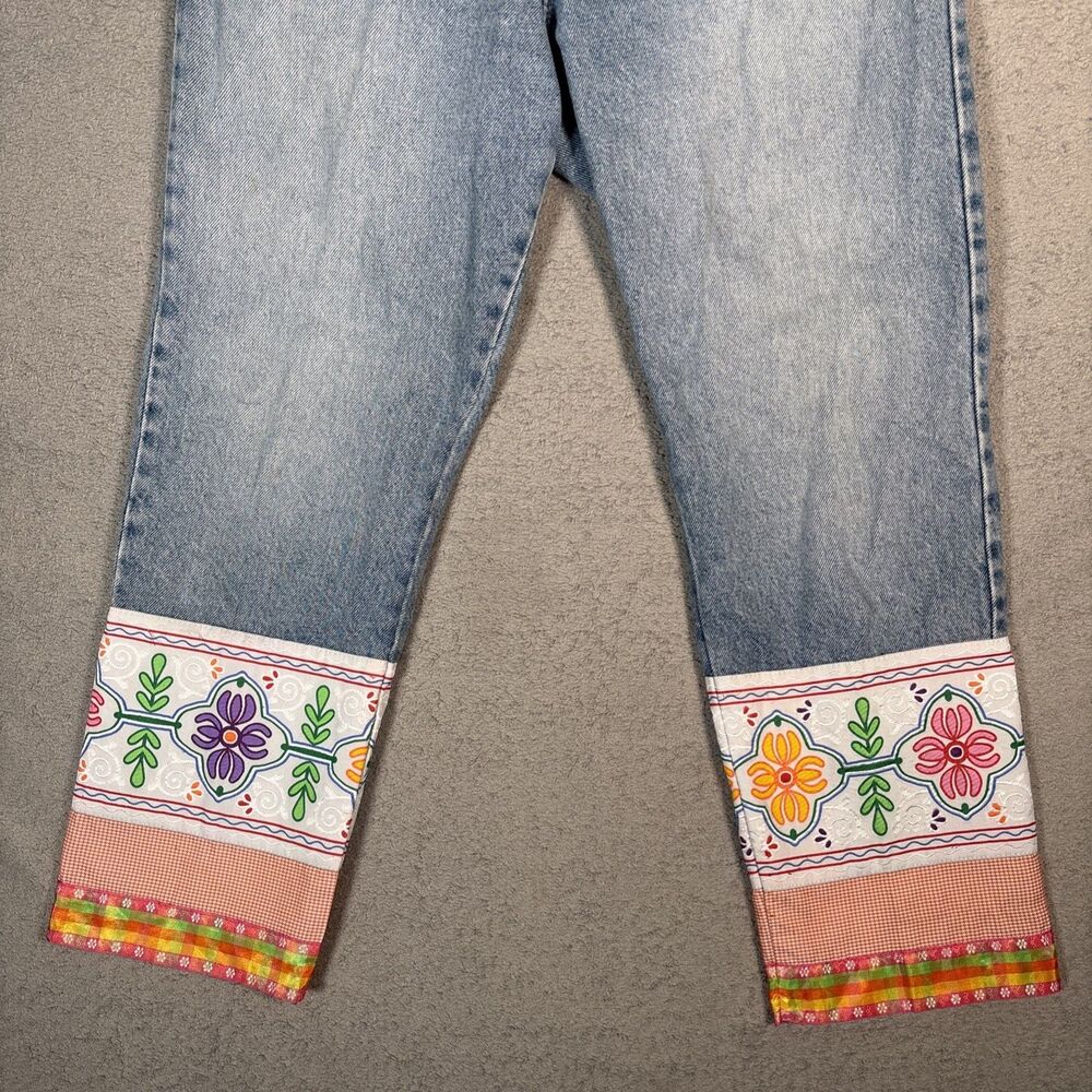 LONDONJEAN Light Wash Cropped Jeans with Multicolor Floral Cuffs - Picture 3 of 13